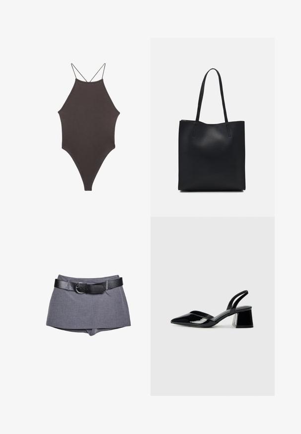 Brązowy jednoczęściowy kostium kąpielowy z wysokim dekoltem i cienkimi, regulowanymi ramiączkami; charakteryzuje się wysokim krojem nogawek i gładką teksturą. Bez wzorów ani ozdób.; Szare szorty z materiału z dopasowanym stanem, wyposażone w czarny skórzany pasek z klamrą. Gładka struktura, dopasowany krój i prosty fason.; Czarne lakierowane półbuty na obcasie z wydłużonym noskiem i geometrycznym słupkiem. Charakteryzują się eleganckim, minimalistycznym designem oraz gładką fakturą.; Czarna skórzana torba tote o gładkiej fakturze, prostokątnym kształcie i dwóch długich uchwytach. Brak widocznych elementów metalowych i ozdób.