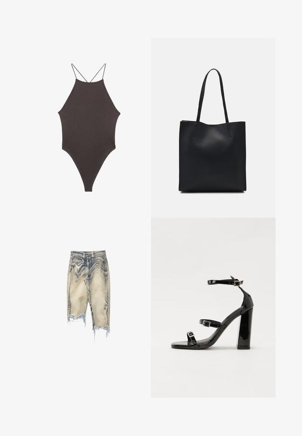 Bruine, hoge hals ééndelige zwempak met dunne, verstelbare schouderbandjes; beschikt over een hoge beenuitsnijding en een gladde textuur. Geen patronen of versieringen.; Denim shorts in een vervaagde blauw-grijze wastint, met versleten details, een gefragmenteerde zoom, vijf zakken en een standaard tailleband met riemlussen.; Zwarte patent lederen sandalen met hoge hakken, twee gespenbanden, een vierkante neus en een stevige blokhak, met een gladde, glanzende textuur.; Zwarte leren handtas met een gladde textuur, rechthoekige vorm en twee lange handvaten. Geen zichtbare hardware of versieringen.