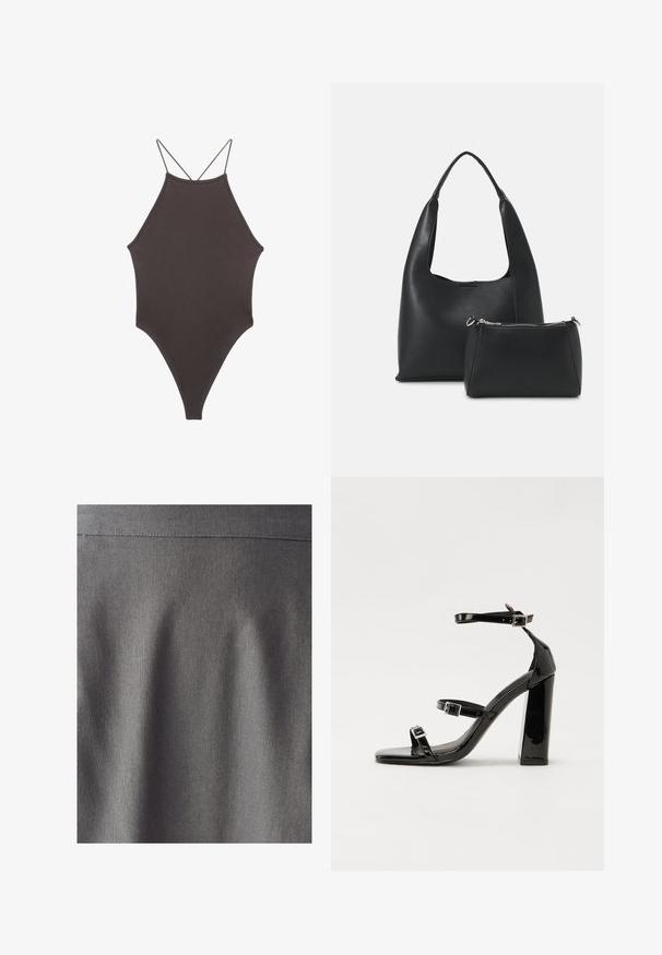 Brauner, hochgeschlossener Badeanzug mit dünnen, verstellbaren Trägern; zeichnet sich durch einen hohen Beinschnitt und eine glatte Textur aus. Keine Muster oder Verzierungen.; Grauer Stoff mit einer glatten, einheitlichen Textur. Ein subtiler Glanz hebt die klaren Linien und Falten hervor und deutet auf ein strukturiertes Design hin. Keine sichtbaren Muster oder Drucke.; Schwarze patentierte Sandalen mit Absatz, quadratischer Spitze, Knöchelriemen und silbernen Schnallen. Mit einem stabilen Blockabsatz für mehr Stabilität.; Even&Odd Handtasche - black