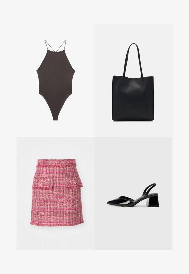 Ruskea, korkeakauluksinen yksiosainen uimapuku, jossa on ohuet, säädettävät hihnat; siinä on korkea lahje ja sileä tekstuuri. Ei kuvioita tai koristeita.; Vaaleanpunainen tweed-hame, jossa on teksturoitu kudonta, kaksi etutaskua, joissa on röyhelöreunat, ja hienovarainen metallikoriste.; Mustat patentoitu nahkakengät, joissa on säären takaosa ja terävä kärki, sekä geometrinen palikkakorko. Sisältää tyylikkään, minimalistisen muotoilun ja sileän pinnan.; Mustapahkainen kangaskassi, jossa on sileä pinta, suorakaiteen muotoinen ja kaksi pitkää kahvaa. Ei näkyvää metalliosaa tai koristeita.