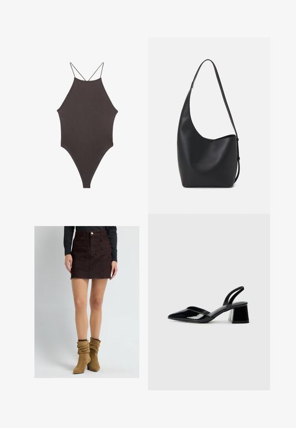 Maillot de bain une pièce marron à col montant avec des bretelles fines et réglables ; présente une jambe haute et une texture lisse. Aucun motif ni embellissement.; Femme portant une mini-jupe en velours côtelé marron foncé, un haut noir à manches longues et des bottines à talons en suède beige.; Escarpins en cuir verni noir avec bout pointu et talon bloc géométrique. Présente un design élégant et minimaliste ainsi qu'une texture lisse.; Sac hobo en cuir noir avec une texture lisse, une forme incurvée et une seule sangle réglable ; dispose d'une large ouverture en haut.