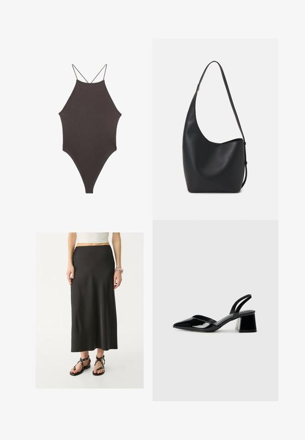 Maillot de bain une pièce marron à col montant avec des bretelles fines et réglables ; présente une jambe haute et une texture lisse. Aucun motif ni embellissement.; Jupe noire, longue jusqu'au sol, en tissu lisse avec une taille ajustée. Portée avec des sandales noires à lanières dotées d'accents métalliques.; Escarpins en cuir verni noir avec bout pointu et talon bloc géométrique. Présente un design élégant et minimaliste ainsi qu'une texture lisse.; Sac hobo en cuir noir avec une texture lisse, une forme incurvée et une seule sangle réglable ; dispose d'une large ouverture en haut.