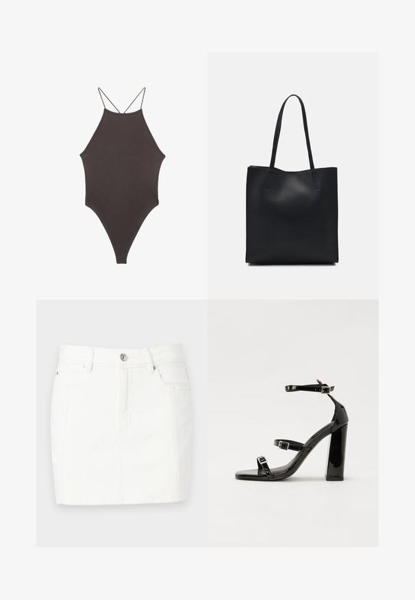 Rjav, enodelni kopalke z visokim ovratnikom in tankimi nastavljivimi naramnicami; ima visok rez na nogah in gladko teksturo. Brez vzorcev ali okrasnih elementov.; Bela denim krilo s prilegajočo zasnovo, ki ima sprednji gumb ter dve stranski žepki, dolžine do sredine stegen. Gladka tekstura.; Črne lakirane sandale s peto, kvadratnim prstom, trakovi okrog gležnja in srebrnimi zaponkami. Opremljene so s stabilno Debelo peto.; Črna usnjena torba s svilnato teksturo, pravokotne oblike in dvema dolgima ročajema. Brez vidnih metalnih delov ali okrasnih elementov.