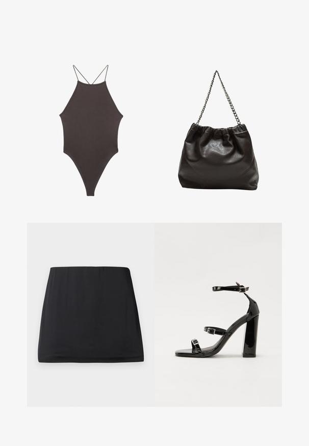 Smeđi jednodijelni kupaći kostim s visokim ovratnikom i tankim, prilagodljivim trakama; ima visoko izrezane nogavice i glatku teksturu. Bez uzoraka ili dekoracija.; Crna mini suknja izrađena od glatke, rastezljive tkanine. Ima elastičnu gumicu u pojasu i jednostavan, uski dizajn. Bez uzoraka ili ukrasa.; Crne lakirane sandale na pete sa kvadratnim nosom, trakama oko gležnja i srebrnim kopčama. Imaju čvrst blok petu za stabilnost.; Smeđa kožna torba s naboranim vrhom i lančićem za nošenje. Glatka tekstura s sjajnim završetkom i suptilnim šavnim detaljima sa strane.