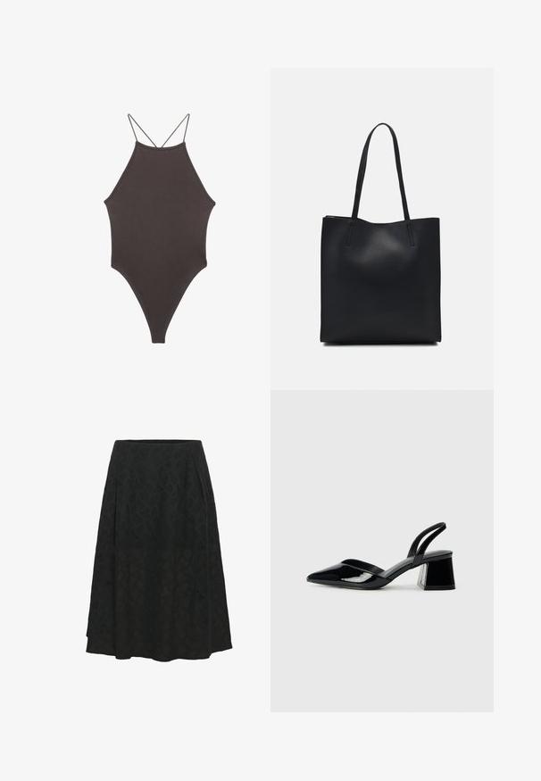 Brun højhalset heldragt badedragt med tynde, justerbare stropper; har højt skåret ben og glat tekstur. Ingen mønstre eller udsmykninger.; Sort nederdel lavet af tekstureret stof med et subtilt geometrisk mønster, med en udvidet design og plisseringer for ekstra volumen.; Sorte patentlæder slingback hæle med spids tå og en geometrisk blok hæl. Har et elegant, minimalistisk design og en glat tekstur.; Sort læder tote taske med glat tekstur, rektangulær form og to lange hanke. Ingen synlig hardware eller udsmykninger.
