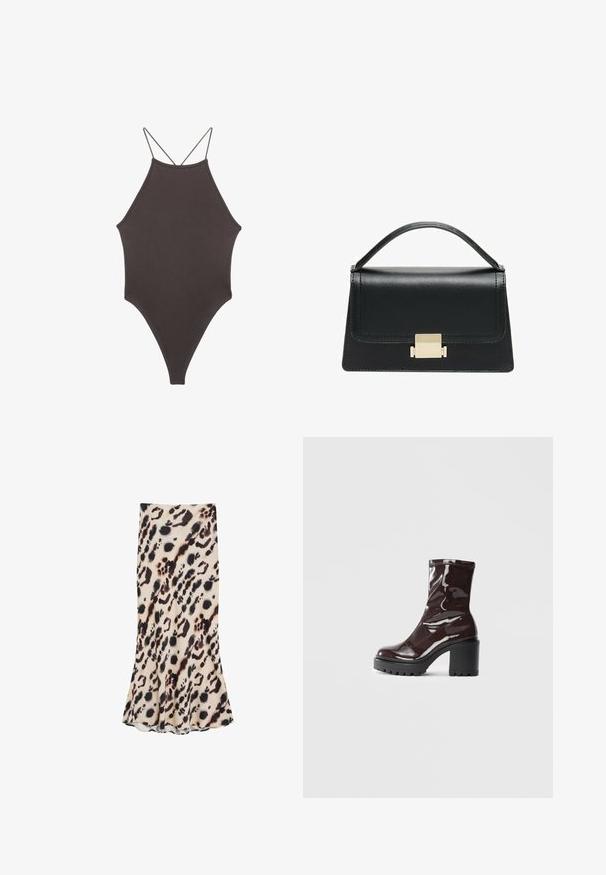 Brauner, hochgeschlossener Badeanzug mit dünnen, verstellbaren Trägern; zeichnet sich durch einen hohen Beinschnitt und eine glatte Textur aus. Keine Muster oder Verzierungen.; Leopardenmuster Midi-Rock in Beige und Schwarz, aus glattem Stoff gefertigt, mit schwingendem Saum und taillierter Silhouette.; Glatte bordeauxrote Ankle Boots mit einem klobigen schwarzen Absatz, die eine glatte Oberfläche und ein einfaches Design aufweisen. Keine sichtbaren Verschlüsse oder Muster.; Schwarze Lederhandtasche mit strukturiertem Design, oberem Griff und einem goldenen Metallschnappverschluss auf der Vorderseite. Glatte Textur, minimale Nähte.