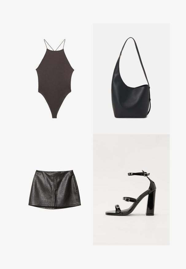 Brun, hög nacke baddräkt med tunna, justerbara remmar; har högskuren ben och slät textur. Inga mönster eller dekorationer.; Svart fusk läderkjol med en slät textur, med en rak skärning och subtil lyster, designad med minimala sömnadsdetaljer.; Svarta lackerade klacksandaler med fyrkantig tå, ankelremmar och silverfärgade spännen. Har en kraftig blockklack för stabilitet.; Svart läder hobo-väska med en slät textur, kurvig form och en justerbar axelrem; har en bred öppning upptill.