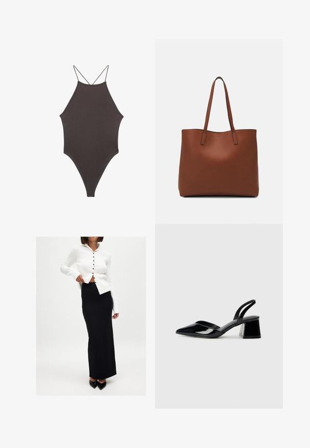 Hnedé, vysoký krk jednodielne plavky s tenkými, nastaviteľnými ramienkami; s vysokým strihom na nohách a hladkým povrchom. Bez vzorov alebo ozdôb.; Biely rebrovaný kardigán s gombíkmi, nosený cez čiernu, priliehavú maxi sukňu. Oblečenie dopĺňajú elegantné čierne lodičky s ostrou špičkou.; Čierne lakované kožené sandálové podpätky s špicatou špičkou a geometrickým blokovým podpätkom. Disponujú elegantným, minimalistickým dizajnom a hladkým povrchom.; Hnedá kožená taška na rameno s hladkou textúrou, otvoreným vrchom a dvoma ramenými popruhmi. Má minimálne šitia a žiadne viditeľné kovania.