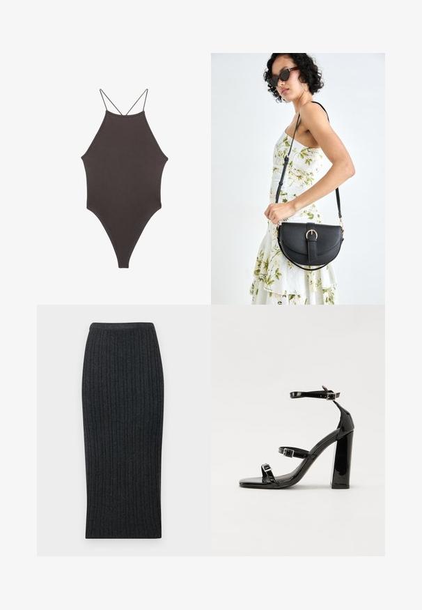 Hnedé, vysoký krk jednodielne plavky s tenkými, nastaviteľnými ramienkami; s vysokým strihom na nohách a hladkým povrchom. Bez vzorov alebo ozdôb.; Tmavošedá rebrovaná pletená midi sukňa s priliehavým strihom a elastickým pásom. Obsahuje vertikálne rebrovanie pre textúru.; Čierne lakované sandále na podpätku so štvorcovou špičkou, navlečenými remienkami okolo členku a striebornými prackami. Disponujú masívnym blokovým podpätkom pre stabilitu.; Čierna kožená kabelka s zaobleným tvarom, odnímateľným popruhom a zlatými doplnkami. Kabelka má klopu s detailom s prackou.