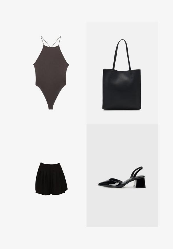 Brun, hög nacke baddräkt med tunna, justerbara remmar; har högskuren ben och slät textur. Inga mönster eller dekorationer.; Svart plisserad kjol med en åtsittande midja och en enda knappdetalj. Tyget verkar slätt och lätt, utformat för en utsvängd silhuett.; Svarta lackläder slingback klackar med spetsig tå och geometrisk klack. Har en elegant, minimalistisk design och slät yta.; Svart lädertoffelväska med slät textur, rektangulär form och två långa handtag. Ingen synlig hårdvara eller dekorationer.