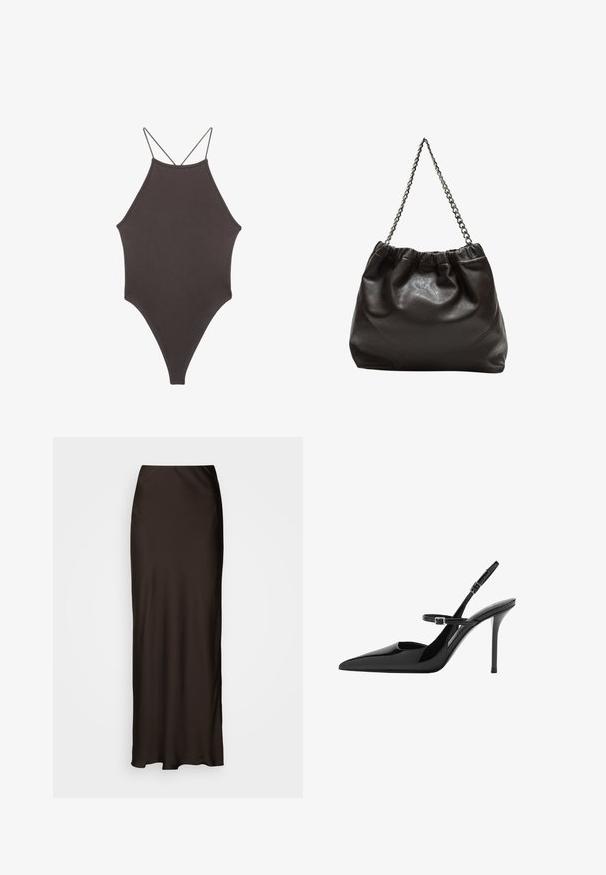 Costume da bagno intero marrone con collo alto e spalline sottili e regolabili; presenta una gamba alta e una texture liscia. Nessun motivo o decorazione.; Lindex SKIRT MARY - Gonna lunga - dark brown; Slingback in vernice nera con tacco a stiletto, punta affusolata e cinturino regolabile. Superficie liscia con finitura lucida.; Borsa in pelle marrone con parte superiore arricciata e tracolla a catena. Texture liscia con finitura lucida e dettagli di cucitura sottili sui lati.