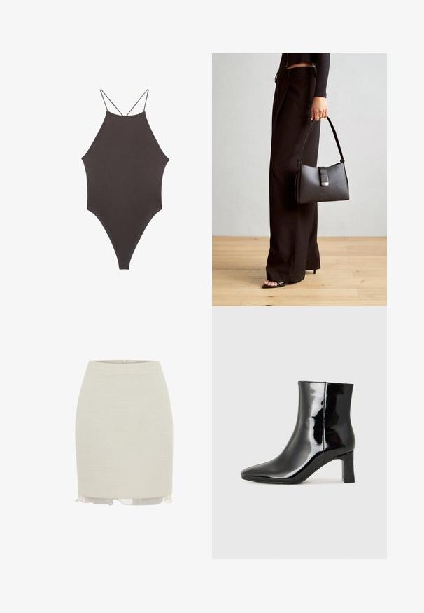 Brązowy jednoczęściowy kostium kąpielowy z wysokim dekoltem i cienkimi, regulowanymi ramiączkami; charakteryzuje się wysokim krojem nogawek i gładką teksturą. Bez wzorów ani ozdób.; adL - Spódnica mini; Czarne lakierowane botki za kostkę z wysmukłym noskiem i średniej wysokości obcasem w kształcie słupka. Gładka tekstura i minimalistyczny design.; Czarna torebka o usztywnionym kształcie, gładkiej fakturze i metalowym zapięciem. Połączona z szerokimi czarnymi spodniami i sandałami na otwartym palcu na drewnianej podłodze.