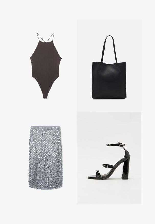 Maillot de bain une pièce marron à col montant avec des bretelles fines et réglables ; présente une jambe haute et une texture lisse. Aucun motif ni embellissement.; Jupe crayon en paillettes argentées avec une surface texturée, une coupe ajustée et une ceinture en haut, conçue pour une silhouette élégante.; Sandales à talons vernies noires avec un bout carré, des sangles autour de la cheville et des boucles en argent. Dotées d'un talon bloc épais pour plus de stabilité.; Sac fourre-tout en cuir noir avec une texture lisse, de forme rectangulaire et deux longues poignées. Pas de matériel ou d'ornementations visibles.