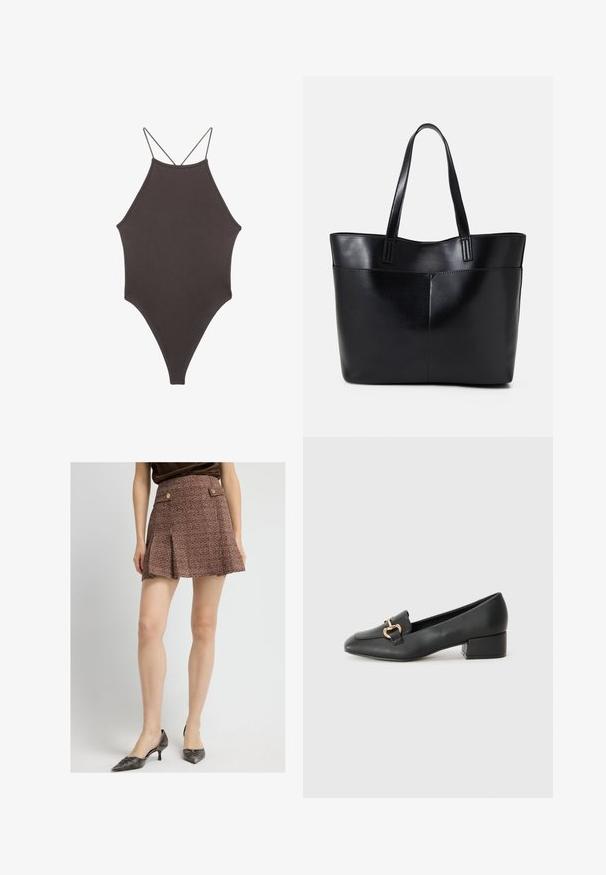 Brun, hög nacke baddräkt med tunna, justerbara remmar; har högskuren ben och slät textur. Inga mönster eller dekorationer.; Brun tweed minikjol med ett strukturerat mönster, utrustad med veck och dekorativa knappar i guldton på midjan.; Svarta läderloafers med platt klack, med en dekorativ detalj i guld framtill och en mjuk textur.; Svart läder tote-väska med två långa handtag, en slät yta och en strukturerad form. Har en framficka för extra förvaring.