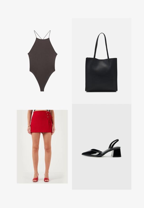 Smeđi jednodijelni kupaći kostim s visokim ovratnikom i tankim, prilagodljivim trakama; ima visoko izrezane nogavice i glatku teksturu. Bez uzoraka ili dekoracija.; Crvena mini suknja izrađena od mekanog materijala, s bočnim vezicama i metalnim okomitim rupama. Ravnog kroja i glatke teksture, uparena s crvenim sandalama na visoku petu.; Crne lakirane kožne sandale s otvorenom petom i špicastim vrhom, s geometrijskom blok petom. Imaju elegantan, minimalistički dizajn i glatku teksturu.; Crna kožna torba za nošenje s glatkom teksturom, pravokutnim oblikom i dvije duge ručke. Nema vidljivih metalnih dijelova ili ukrasa.