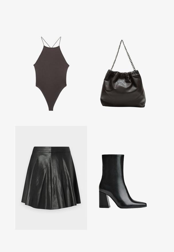 Brun, hög nacke baddräkt med tunna, justerbara remmar; har högskuren ben och slät textur. Inga mönster eller dekorationer.; Svart utsvängd kjol i konstläder med panelstickningar och en åtsittande midja på en enfärgad ljus bakgrund.; Svart läderankelboot med spetsig tå och hög blockklack. Slät textur med en elegant silhuett och en solid basdesign.; Brun läderväska med rynkad topp och kedjesnodd. Slät textur med en blankslipad yta och subtila sömdetaljer på sidorna.