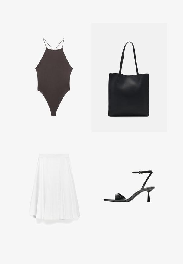 Brun, hög nacke baddräkt med tunna, justerbara remmar; har högskuren ben och slät textur. Inga mönster eller dekorationer.; ADOLFO DOMINGUEZ A-linjekjol - white; Bershka Sandaletter - black; Svart lädertoffelväska med slät textur, rektangulär form och två långa handtag. Ingen synlig hårdvara eller dekorationer.