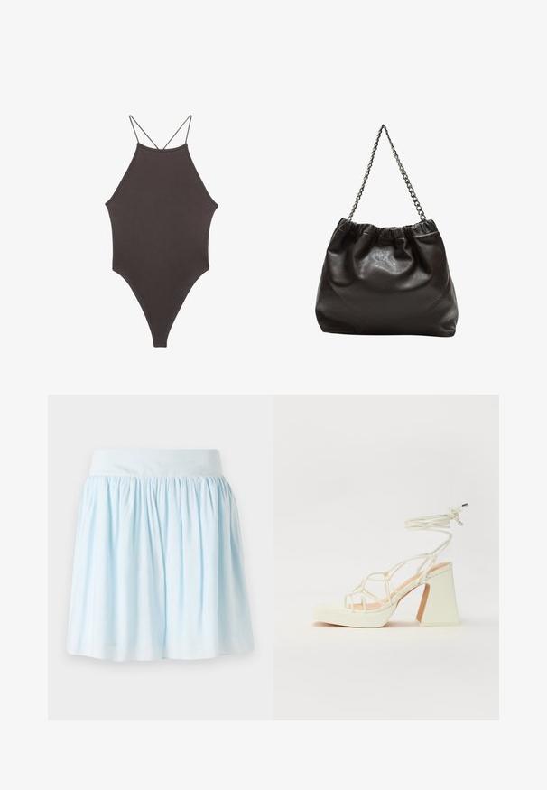 Rjav, enodelni kopalke z visokim ovratnikom in tankimi nastavljivimi naramnicami; ima visok rez na nogah in gladko teksturo. Brez vzorcev ali okrasnih elementov.; Svetlo modra krila z nabranim dizajnom, s širokim pasom in mehko teksturo; primerna za vsakodnevno nošenje. Brez vidnih vzorcev ali kovinskih delov.; Bela sandala na visokih petah s debelim petam, ki ima obliko trakcev in vezanje okoli gležnja. Gladka tekstura z platformo spredaj za dodatno višino.; Rjava usnjena torba z nabranim vrhom in verižnim trakom. Gladka tekstura z sijajno površino in subtilnimi šivi na straneh.