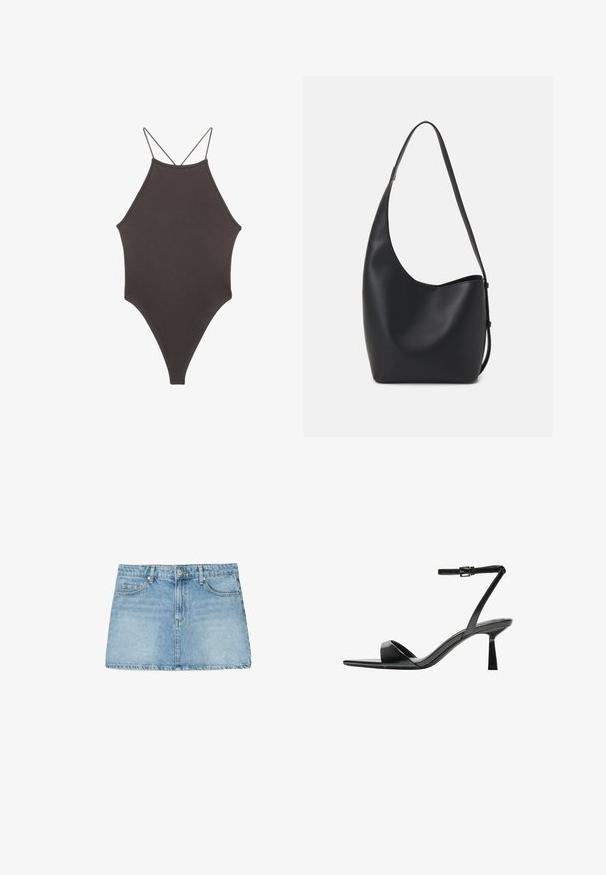 Rjav, enodelni kopalke z visokim ovratnikom in tankimi nastavljivimi naramnicami; ima visok rez na nogah in gladko teksturo. Brez vzorcev ali okrasnih elementov.; Svetlo modra denim mini krila z ravnim krojem, petimi žepi in zanka za pas. Ima zbledeli videz in čisto rob.; Bershka Sandali z visoko peto - black; Črna usnjena hobo torba z gladko teksturo, ukrivljeno obliko in eno nastavljivo naramnico; ima širok odprtina na vrhu.