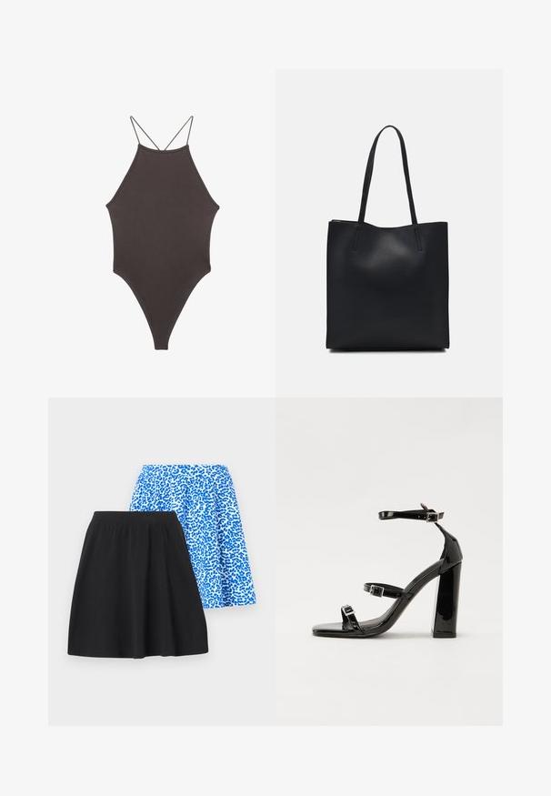 Rjav, enodelni kopalke z visokim ovratnikom in tankimi nastavljivimi naramnicami; ima visok rez na nogah in gladko teksturo. Brez vzorcev ali okrasnih elementov.; Dve krila: eno črno, izdelano iz mehkega blaga; drugo modro z leopardjim vzorcem, ki ima elastičen pas za udobje.; Črne lakaste sandale z visokimi petami, z dvema trakovoma z zaponkama, kvadratnim sprednjim delom in masivno širšo peto, z gladko, sijočo teksturo.; Črna usnjena torba s svilnato teksturo, pravokotne oblike in dvema dolgima ročajema. Brez vidnih metalnih delov ali okrasnih elementov.