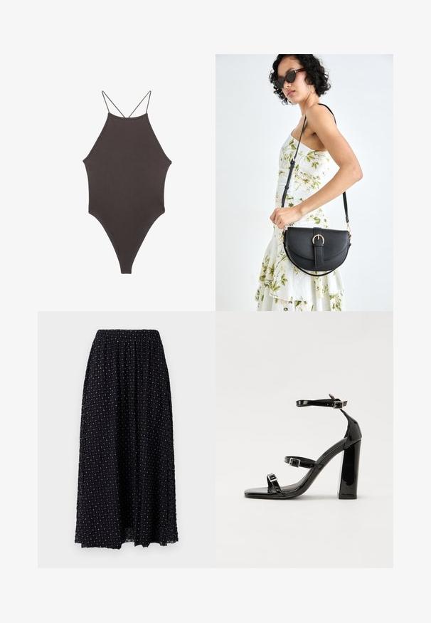 Hnědé, jednodílné plavky s vysokým krkem a tenkými, nastavitelnými ramínky; mají vysoký střih nohavic a hladkou texturu. Žádné vzory ani ozdoby.; Černá maxi sukně s texturou síťoviny s diamantovým vzorem, elastickým pasem a mírným nařasením nahoře, s kovovými akcenty po celé ploše.; Černé lakované sandály na podpatku se čtveratou špičkou, lýtkovými pásky a stříbrnými přezkami. Disponují masivním blokovým podpatkem pro stabilitu.; Černá kožená kabelka s křivkovým tvarem, odnímatelným popruhem a zlatými detaily. Kabelka má klopu s přezkou.