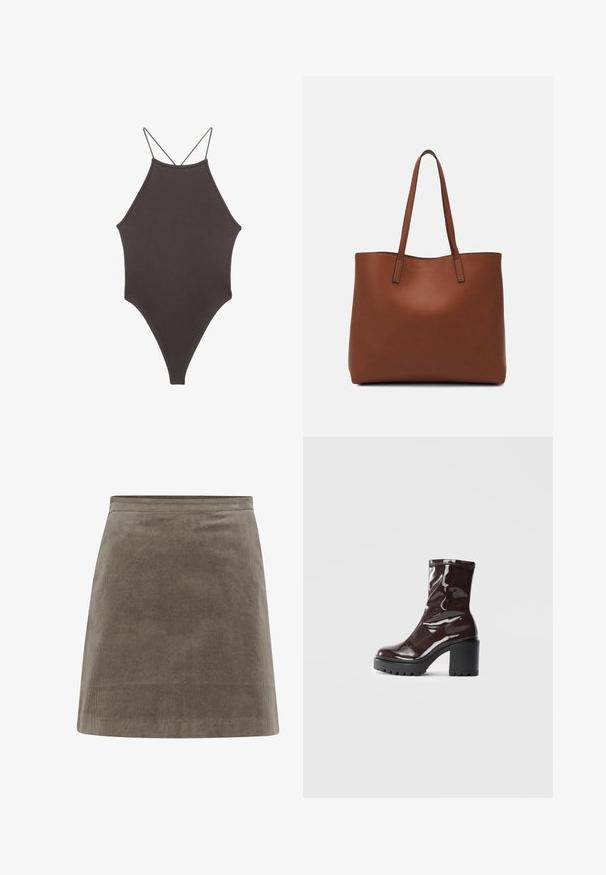 Brauner, hochgeschlossener Badeanzug mit dünnen, verstellbaren Trägern; zeichnet sich durch einen hohen Beinschnitt und eine glatte Textur aus. Keine Muster oder Verzierungen.; Khakifarbenes Corduroy-Minirock mit gerader Form, glatter Textur und simplem Taillenbund, der durchgehend vertikale Ripp-Linien aufweist.; Glatte bordeauxrote Ankle Boots mit einem klobigen schwarzen Absatz, die eine glatte Oberfläche und ein einfaches Design aufweisen. Keine sichtbaren Verschlüsse oder Muster.; Braune Leder-Tote mit glatter Textur, offenem Oberteil und zwei Schulterriemen. Verfügt über minimale Nähte und keine sichtbaren Beschläge.