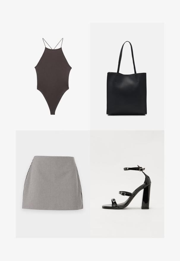 Brun, hög nacke baddräkt med tunna, justerbara remmar; har högskuren ben och slät textur. Inga mönster eller dekorationer.; Svart och vit ginghamkjol med rak skärning, plisserade sidor och en mjuk textur. Tyget har ett litet rutmönster.; Svarta lackerade klacksandaler med fyrkantig tå, ankelremmar och silverfärgade spännen. Har en kraftig blockklack för stabilitet.; Svart lädertoffelväska med slät textur, rektangulär form och två långa handtag. Ingen synlig hårdvara eller dekorationer.