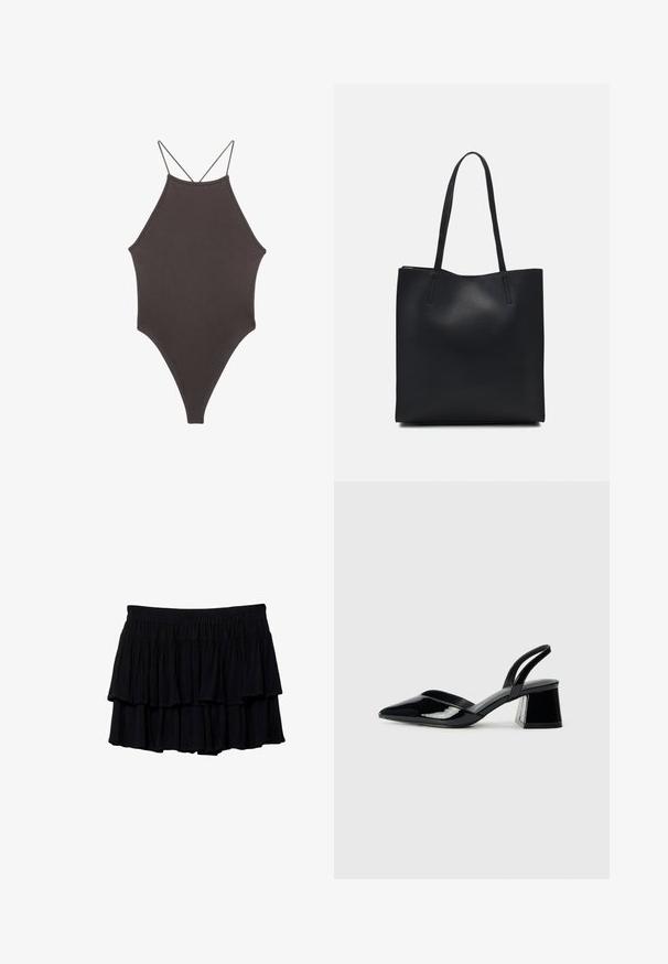 Brązowy jednoczęściowy kostium kąpielowy z wysokim dekoltem i cienkimi, regulowanymi ramiączkami; charakteryzuje się wysokim krojem nogawek i gładką teksturą. Bez wzorów ani ozdób.; Czarna mini spódnica warstwowa z falbanami, wykonana z miękkiego materiału i z elastycznym pasem dla komfortu. Lekka struktura z warstwowymi falbanami.; Czarne lakierowane półbuty na obcasie z wydłużonym noskiem i geometrycznym słupkiem. Charakteryzują się eleganckim, minimalistycznym designem oraz gładką fakturą.; Czarna skórzana torba tote o gładkiej fakturze, prostokątnym kształcie i dwóch długich uchwytach. Brak widocznych elementów metalowych i ozdób.