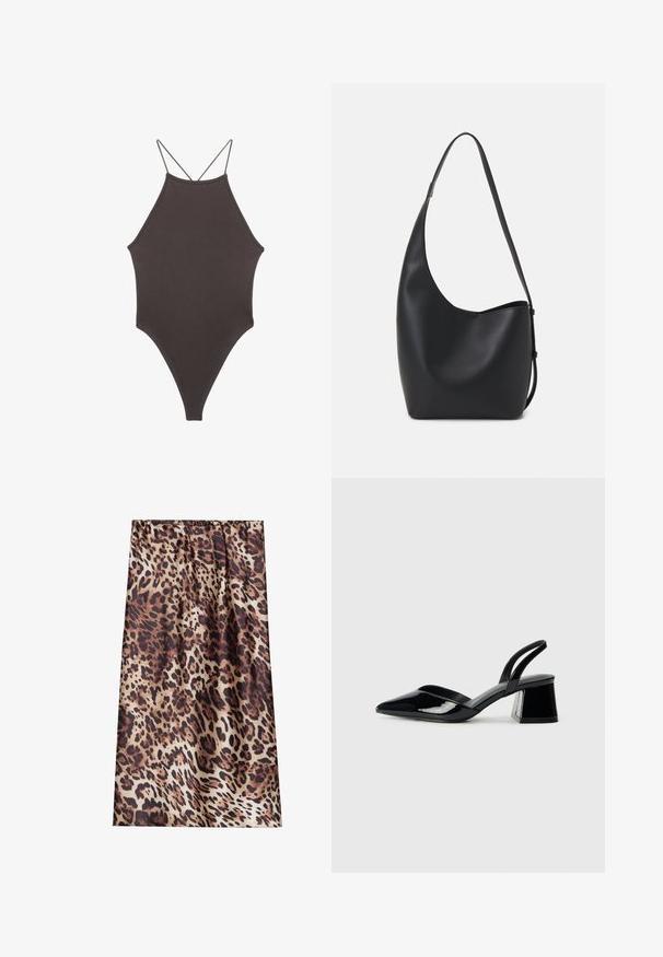 Rjav, enodelni kopalke z visokim ovratnikom in tankimi nastavljivimi naramnicami; ima visok rez na nogah in gladko teksturo. Brez vzorcev ali okrasnih elementov.; Tkanina s leopardjim vzorom v rjavih a črnih pikah na bež ozadju, mehak texture in designom s nabranim pasom.; Črne lakirane slingback pete s koničastim nosom in geometrijsko blokasto peto. Imajo eleganten, minimalističen dizajn in gladko teksturo.; Črna usnjena hobo torba z gladko teksturo, ukrivljeno obliko in eno nastavljivo naramnico; ima širok odprtina na vrhu.