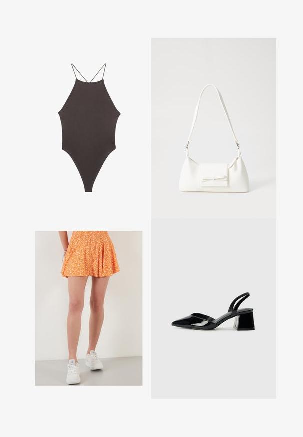 Brązowy jednoczęściowy kostium kąpielowy z wysokim dekoltem i cienkimi, regulowanymi ramiączkami; charakteryzuje się wysokim krojem nogawek i gładką teksturą. Bez wzorów ani ozdób.; Pomarańczowa spódnica w kwiaty z elastycznym pasem, plisowany fason, do kolan, w zestawie z białymi trampkami. Elegancki materiał o fakturze i zabawny wzór.; Czarne lakierowane półbuty na obcasie z wydłużonym noskiem i geometrycznym słupkiem. Charakteryzują się eleganckim, minimalistycznym designem oraz gładką fakturą.; Biała syntetyczna torba o trójkątnym kształcie, płaskim przednim klapce i detalach w postaci kokardy, regulowanym pasku, gładkiej fakturze oraz minimalistycznym designie.
