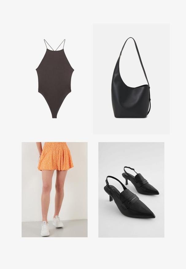 Ruskea, korkeakauluksinen yksiosainen uimapuku, jossa on ohuet, säädettävät hihnat; siinä on korkea lahje ja sileä tekstuuri. Ei kuvioita tai koristeita.; Oranssi kukkakuosiska, jossa on kuminauha vyötäröllä, pleetattu muotoilu, polven mittainen, yhdistettynä valkoisiin lenkkareihin. Elegantti teksturoitu kangas ja leikkisä kuosi.; Musta nahkainen slingback-kengät, jossa on terävät varpaat, leveä etuhihna ja hopeanvärinen yksityiskohta. Rakenteellinen pinta, keskikorkea korko.; Musta nahkainen hobo-laukku, jossa on sileä pinta, kaareva muoto ja yksi säädettävä olkahihna; sisäänkäynti on leveä ylhäältä.