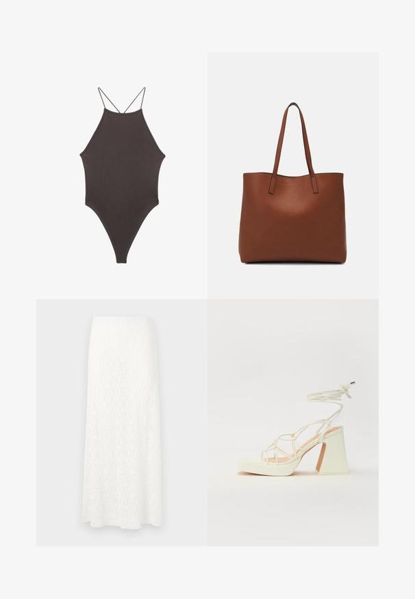 Costume da bagno intero marrone con collo alto e spalline sottili e regolabili; presenta una gamba alta e una texture liscia. Nessun motivo o decorazione.; Gonna maxi bianca in pizzo con un motivo teksturato, vita elastica e forma fluttuante. Il tessuto sembra leggero e arioso.; Sandalo bianco con tacco alto, caratterizzato da un design a cinturini e un legaccio alla caviglia. Texture liscia con una piattaforma frontale per un'altezza aggiuntiva.; Borsa tote in pelle marrone con texture liscia, design con apertura superiore e due spallacci. Presenta cuciture minime e nessun hardware visibile.