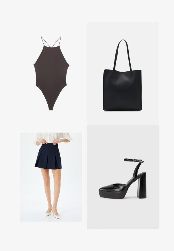 Ruskea, korkeakauluksinen yksiosainen uimapuku, jossa on ohuet, säädettävät hihnat; siinä on korkea lahje ja sileä tekstuuri. Ei kuvioita tai koristeita.; Laivastonsininen laskostettu hame, jossa on korkea vyötärö ja sileä pinta, sisältää terävät veitsilaskokset ja minimalistisen muotoilun. Yhdistettynä valkoisiin korkokenkiin.; Mustat korkeat platform-kengät, joissa on terävä kärki ja säädettävä nilkkaremmi. Valmistettu sileästä nahasta ja varustettu paksulla lohkokorkeudella.; Mustapahkainen kangaskassi, jossa on sileä pinta, suorakaiteen muotoinen ja kaksi pitkää kahvaa. Ei näkyvää metalliosaa tai koristeita.
