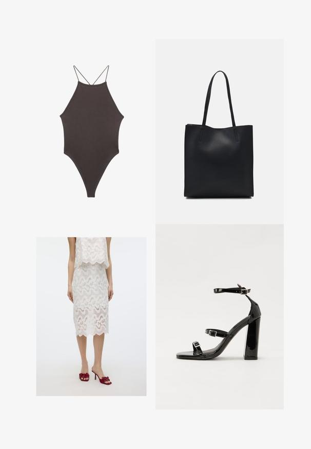 Brun, hög nacke baddräkt med tunna, justerbara remmar; har högskuren ben och slät textur. Inga mönster eller dekorationer.; Vit spets tvådelad set med en vågig design, scalloped nederkant och texturerade detaljer; tillsammans med röda blommiga klacksandaler.; Svarta lackerade klacksandaler med fyrkantig tå, ankelremmar och silverfärgade spännen. Har en kraftig blockklack för stabilitet.; Svart lädertoffelväska med slät textur, rektangulär form och två långa handtag. Ingen synlig hårdvara eller dekorationer.