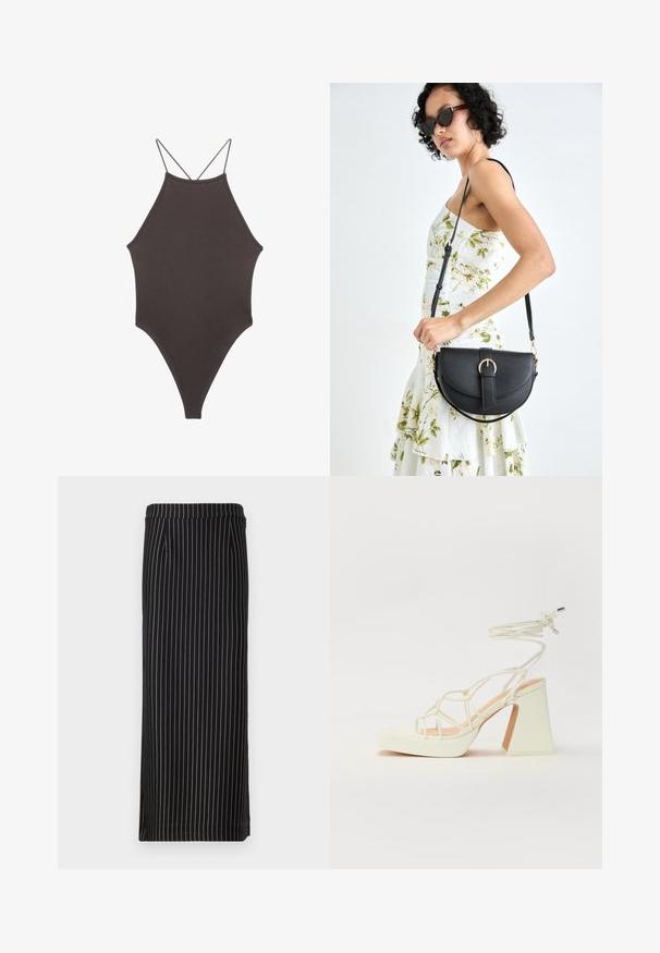 Ruskea, korkeakauluksinen yksiosainen uimapuku, jossa on ohuet, säädettävät hihnat; siinä on korkea lahje ja sileä tekstuuri. Ei kuvioita tai koristeita.; Musta kynänhame, jossa on valkoisia ja vaaleita pystysuoria raitoja, vyötärö ja kaksi sivutaskua. Sujuva kangas.; Valkoinen korkokenkä, jossa on paksu korko, ja joka sisältää nauhakiinnityksen ja nilkkaketjun. Sujuva pinta, jossa on platform-etupohja lisäkorkeutta varten.; Musta nahkainen käsilaukku, joka on kaareva muotoilultaan, irrotettavalla hihnalla ja kultaisilla yksityiskohdilla. Laukussa on läppä, jossa on solk yksityiskohta.