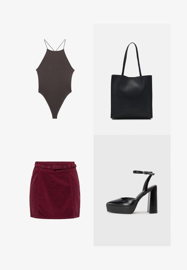 Hnědé, jednodílné plavky s vysokým krkem a tenkými, nastavitelnými ramínky; mají vysoký střih nohavic a hladkou texturu. Žádné vzory ani ozdoby.; Burgundská kordurová mini sukně s odpovídajícím opaskem, který má obdélníkovou sponu a kovové kroužky, s malými rozparky na bocích lemu.; Černé platformové podpatky s špičatou špičkou a nastavitelným kotníkovým popruhem. Vyrobeny z hladké kůže, s masivním blokovým podpatkem.; Černá kožená taška přes rameno s hladkým povrchem, obdélníkovým tvarem a dvěma dlouhými uchy. Žádné viditelné kování ani ozdoby.