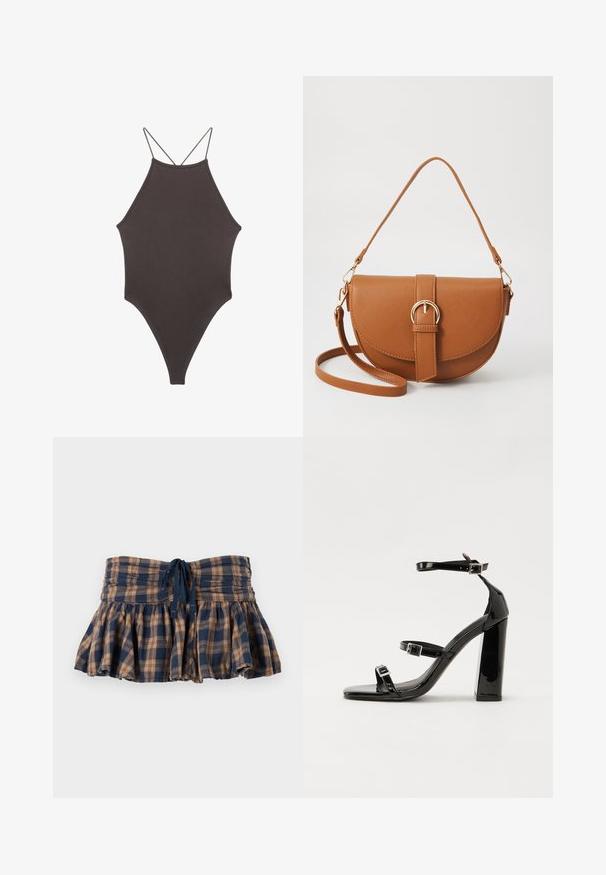 Ruskea, korkeakauluksinen yksiosainen uimapuku, jossa on ohuet, säädettävät hihnat; siinä on korkea lahje ja sileä tekstuuri. Ei kuvioita tai koristeita.; Ruudullinen, levenevä minihame ruskeassa ja tummansinisessä, valmistettu kevyestä kankaasta. Ominaisuuksiin kuuluu smokkikiinnitys vyötäröllä ja säädettävä naru istuvuuden säätämiseksi.; Musta kiiltäväpintainen korkokengät, joissa on kaksi solkikiinnitystä, neliönmuotoinen kärki ja paksu korko, sileällä, kiiltävällä pintarakenteella.; Ruskean nahkainen olkalaukku, jossa on kaareva muoto, kultaiset yksityiskohdat ja solkiyksityiskohta. Varustettu irrotettavalla olkahihnalla.