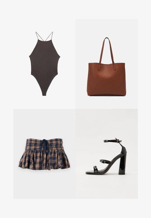 Ruskea, korkeakauluksinen yksiosainen uimapuku, jossa on ohuet, säädettävät hihnat; siinä on korkea lahje ja sileä tekstuuri. Ei kuvioita tai koristeita.; Ruudullinen, levenevä minihame ruskeassa ja tummansinisessä, valmistettu kevyestä kankaasta. Ominaisuuksiin kuuluu smokkikiinnitys vyötäröllä ja säädettävä naru istuvuuden säätämiseksi.; Musta kiiltäväpintainen korkokengät, joissa on kaksi solkikiinnitystä, neliönmuotoinen kärki ja paksu korko, sileällä, kiiltävällä pintarakenteella.; Ruskea nahkainen olkalaukku, jossa on sileä pinta, avoin yläosa ja kaksi olkahihnaa. Omaavat vain minimaalisen ompelun eikä näkyvää metalliosaa.