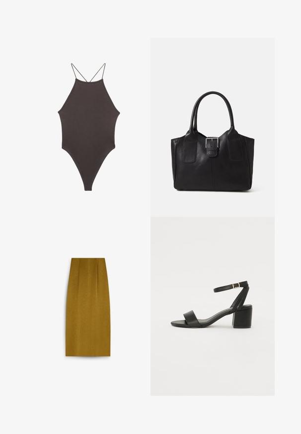 Ruskea, korkeakauluksinen yksiosainen uimapuku, jossa on ohuet, säädettävät hihnat; siinä on korkea lahje ja sileä tekstuuri. Ei kuvioita tai koristeita.; Knee-length sinivärvi muskaari seelik sujuva tekstuuriga, sirge siluetiga ja peente esiplekkidega.; Mustat korkokenkä-sandaalit, joissa on sileä nahkapinta, avoin varvas, leveät etuvarteen strapit ja säädettävä nilkkastrap, jossa on kultainen solkiyksityiskohta.; Musta nahkainen olkalaukku, jossa on sileä pinta, ryhdikäs muoto, kaksi kahvaa ja silmienpistävä hopeinen solkiyksityiskohta edessä.