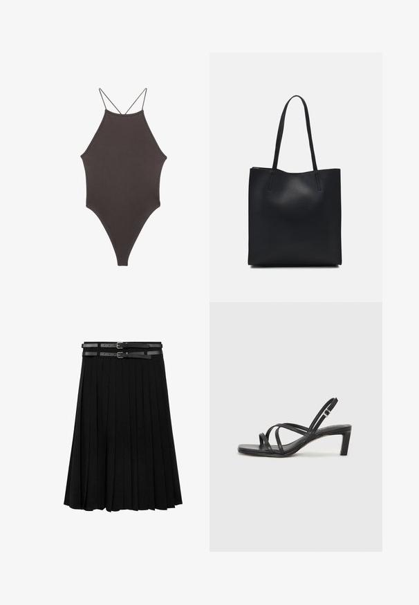 Brun højhalset heldragt badedragt med tynde, justerbare stropper; har højt skåret ben og glat tekstur. Ingen mønstre eller udsmykninger.; Sort plisseret nederdel med to læderremme og sølvspænder i livet. Fremstillet af et glat, flydende stof.; Sort remsandale med firkantet tå og en lav blokeret hæl. Har flere tynde stropper og en justerbar ankelrem. Fremstillet af glat læder.; Sort læder tote taske med glat tekstur, rektangulær form og to lange hanke. Ingen synlig hardware eller udsmykninger.