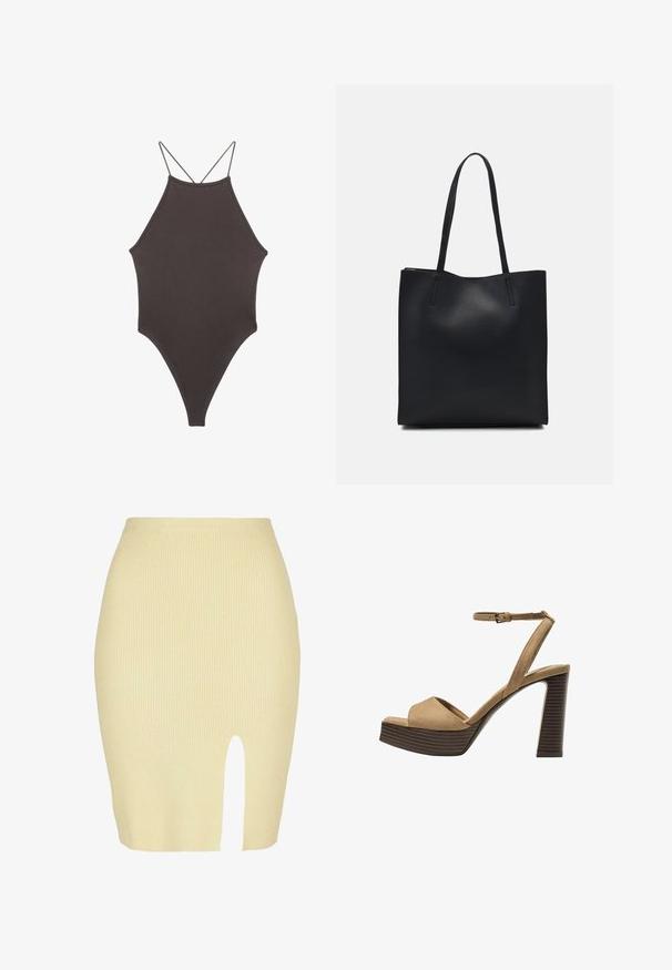 Maillot de bain une pièce marron à col montant avec des bretelles fines et réglables ; présente une jambe haute et une texture lisse. Aucun motif ni embellissement.; Jupe midi côtelée en jaune clair avec un détail fente à l'avant, arborant une silhouette ajustée et une texture douce.; Sandales à talons hauts en suede beige avec une large bride avant et une bride à la cheville, dotées d'un chunky talon en bois avec une finition texturée.; Sac fourre-tout en cuir noir avec une texture lisse, de forme rectangulaire et deux longues poignées. Pas de matériel ou d'ornementations visibles.