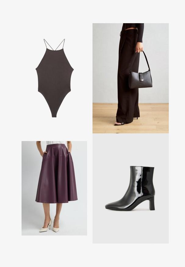 Brown, high-neck one-piece swimsuit with thin, adjustable straps; features a high-cut leg and smooth texture. No patterns or embellishments.; Mauve faux leather midi skirt with a high waist, pockets, and a flared silhouette. Smooth texture, knee-length, paired with white heels.; Black patent leather ankle boot with a pointed toe and a mid-height block heel. Smooth texture and minimalist design.; Black handbag with structured shape, smooth texture, and a metallic clasp. Paired with wide black pants and open-toe sandals on wooden floor.