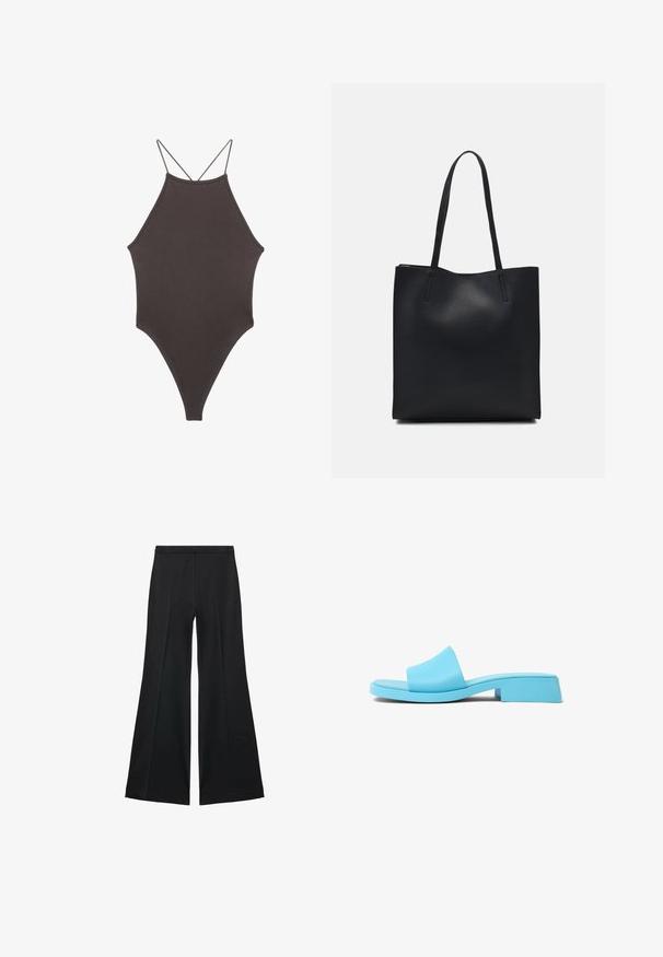 Hnedé, vysoký krk jednodielne plavky s tenkými, nastaviteľnými ramienkami; s vysokým strihom na nohách a hladkým povrchom. Bez vzorov alebo ozdôb.; Čierne široké nohavice s hladkou textúrou, s prednými záhybmi a elegantným strihom. Materiál je ľahký a pruhlý.; Modré tvarované šľapky na slip-on s širokým popruhom, plochou podrážkou a nízkym blokovým podpätkom. Hladký, lesklý povrch s minimalistickým dizajnom.; Čierna kožená taška na rameno s hladkým povrchom, obdĺžnikovým tvarom a dvoma dlhými uchami. Bez viditeľného kovania alebo ozdôb.