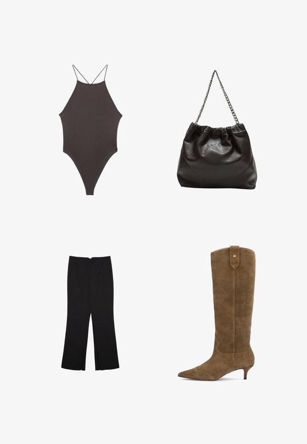 Maillot de bain une pièce marron à col montant avec des bretelles fines et réglables ; présente une jambe haute et une texture lisse. Aucun motif ni embellissement.; Pantalon noir avec une coupe droite, doté de poches avant et d'éclairs sur l'ourlet. Fabriqué en tissu doux et lisse. Convient à diverses occasions.; Botte en daim jusqu'au genou de couleur vert olive avec un bout pointu et un talon de 5 cm, présentant un design cousu et une languette à l'arrière avec une touche dorée.; Sac en cuir marron avec un haut froncé et une bandoulière en chaîne. Texture lisse avec une finition brillante et des coutures subtiles sur les côtés.