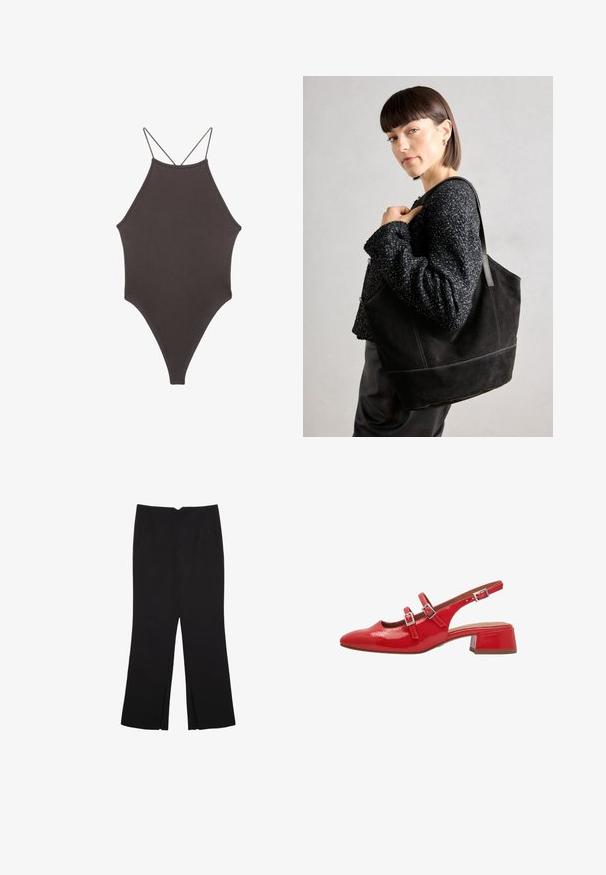 Brun, hög nacke baddräkt med tunna, justerbara remmar; har högskuren ben och slät textur. Inga mönster eller dekorationer.; Svarta byxor med rak passform, utrustade med framfickor och sidoklyvningar vid fållen. Tillverkade av mjukt, slätt tyg. Lämpliga för olika tillfällen.; Röd lacklädersära med spetsig tå, två justerbara spännen och en låg, fyrkantig klack. Slät, glänsande yta.; Svart mocka tote-väska med en slät textur, strukturerad form och kontrasterande sömmar. Har långa bärremmar för axelbärande.