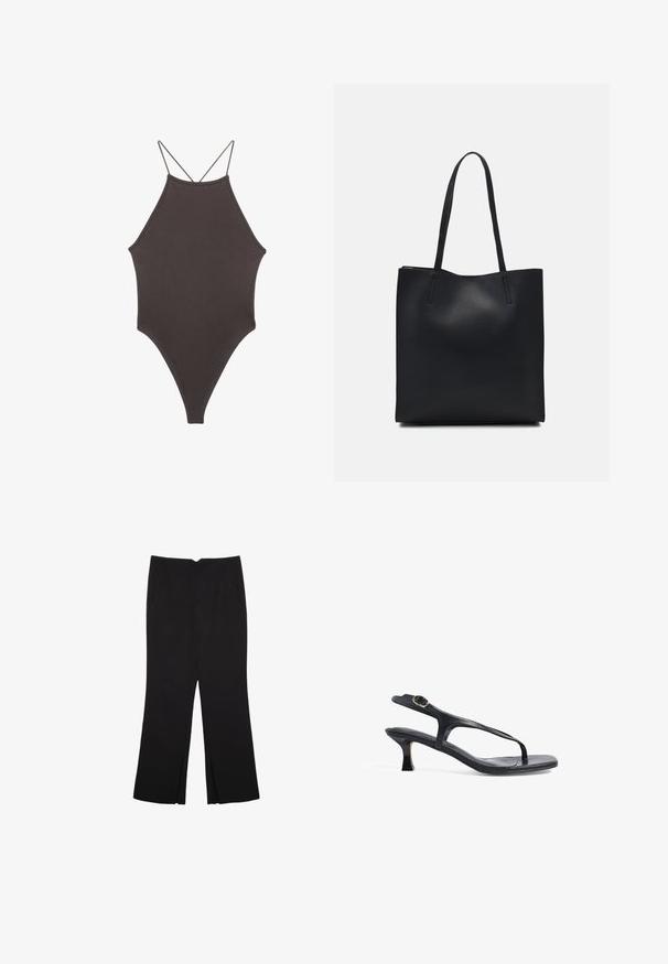 Ruskea, korkeakauluksinen yksiosainen uimapuku, jossa on ohuet, säädettävät hihnat; siinä on korkea lahje ja sileä tekstuuri. Ei kuvioita tai koristeita.; Mustat housut suoralinjaisella leikkauksella, joissa on etutaskut ja sivurei'ät helman alla. Valmistettu pehmeästä ja sileästä kankaasta. Sopii eri tilaisuuksiin.; Mustat nahkasandaalit, joissa on hoikka muotoilu, ohuet hihnat ja pieni korko. Varustettu solkiyksityiskohdalla ja sileäpintaisella pohjalla.; Mustapahkainen kangaskassi, jossa on sileä pinta, suorakaiteen muotoinen ja kaksi pitkää kahvaa. Ei näkyvää metalliosaa tai koristeita.