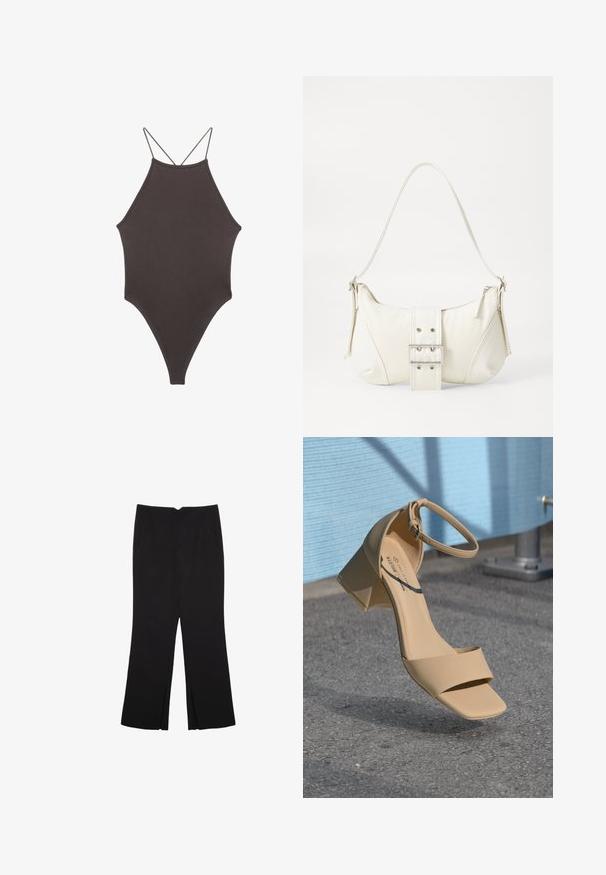 Brown, high-neck one-piece swimsuit with thin, adjustable straps; features a high-cut leg and smooth texture. No patterns or embellishments.; Black trousers with a straight fit, featuring front pockets and side slits at the hem. Made of soft, smooth fabric. Suitable for various occasions.; Beige block-heeled sandal with a square toe, minimal straps, and an ankle buckle. Smooth, matte material against a gray surface.; White shoulder bag with a textured finish, a central buckle accent, and a curved shape. Zipper closures on both sides.