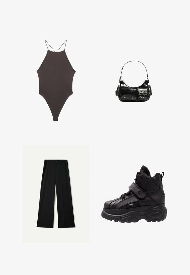 Brązowy jednoczęściowy kostium kąpielowy z wysokim dekoltem i cienkimi, regulowanymi ramiączkami; charakteryzuje się wysokim krojem nogawek i gładką teksturą. Bez wzorów ani ozdób.; Bershka WIDE czarny; Czarne trampki typu high-top z grubą gumową podeszwą, skórzaną cholewką, zawiązywaniem na sznurowadła oraz zapięciem na rzep, z teksturowanym panelem bocznym.; Czarna torebka z lakierowanej skóry o zaokrąglonym kształcie, z jednym paskiem na ramię, przednimi kieszeniami i akcentami w kolorze srebrnym.