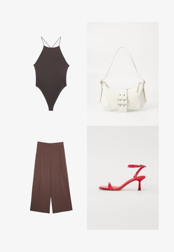 Ruskea, korkeakauluksinen yksiosainen uimapuku, jossa on ohuet, säädettävät hihnat; siinä on korkea lahje ja sileä tekstuuri. Ei kuvioita tai koristeita.; Ruskeat leveälahkeiset housut, joissa on sileä pinta, korkea vyötärö ja etupleat. Kangas on kevyttä ja laskeutuu väljänä.; Punaiset kiiltävät korkokengät, joissa on kaksi kapeaa remmiä varpaiden yli ja soljella kiinnitettävä nilkkaremmi; neliön muotoinen kärki, 5 cm korkea korko.; Valkoinen olkalaukku, jossa on teksturoitu pinta, keskeinen solkiyksityiskohta ja kaareva muoto. Vetoketjusulkimet kummallakin puolella.