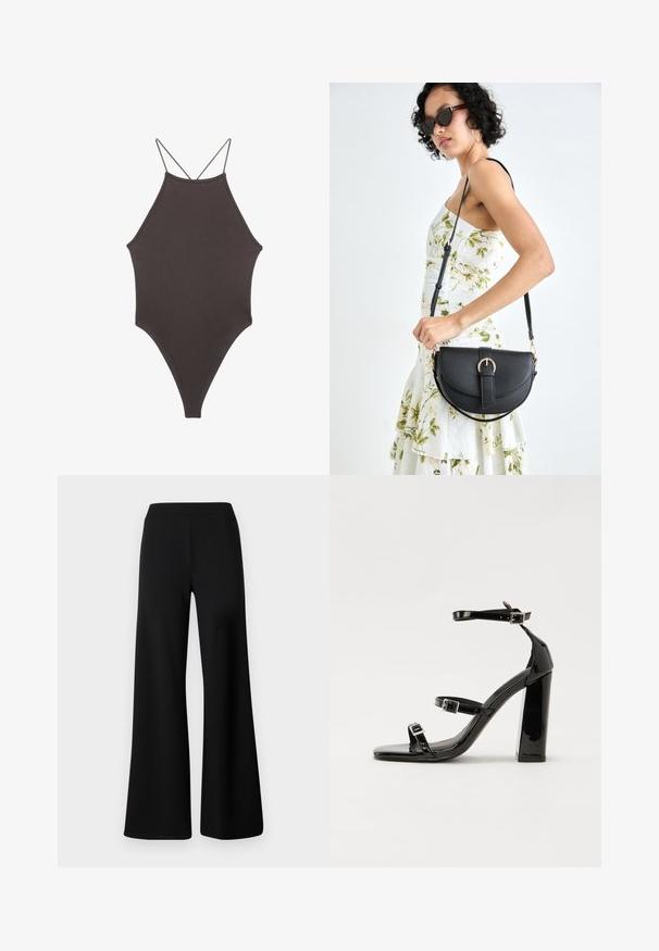 Rjav, enodelni kopalke z visokim ovratnikom in tankimi nastavljivimi naramnicami; ima visok rez na nogah in gladko teksturo. Brez vzorcev ali okrasnih elementov.; Črne široke hlače iz mehkega, raztegljivega materiala. Imajo gladek, elastičen pas in preprost, brez okrasnih elementov dizajn.; Črne lakirane sandale s peto, kvadratnim prstom, trakovi okrog gležnja in srebrnimi zaponkami. Opremljene so s stabilno Debelo peto.; Črna usnjena torbica s ukrivljeno obliko, z odstranljivo naramnico in zlatimi dodatki. Torbica ima pokrov s podrobnostmi v obliki zaponke.